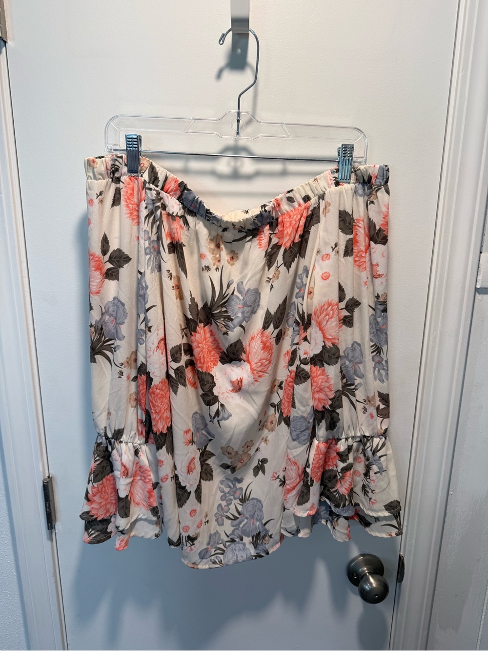 Floral Off-Shoulder Blouse- Cream with Coral & Gray Floral